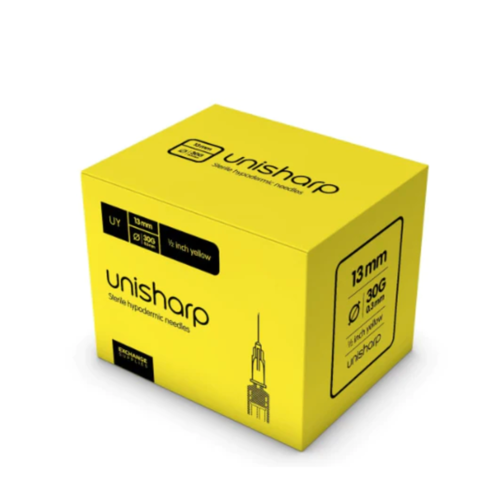 Unisharp 30G 1/2 Inch 13 mm Yellow Needle Box of 100