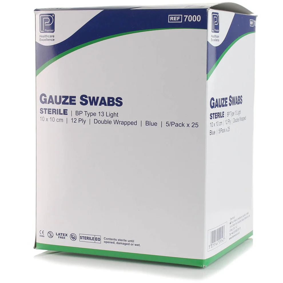 Premier Sterile Gauze 12 Ply Blue Swabs 10 × 10 cm Pack of 25