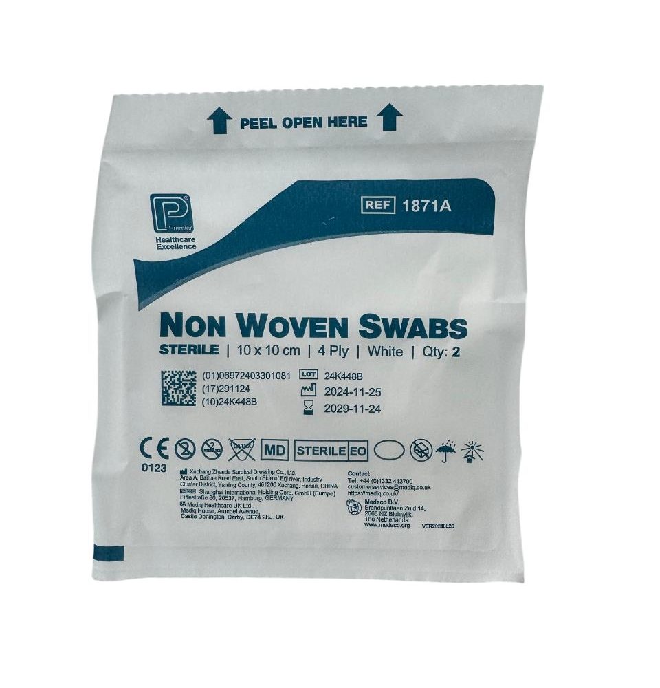 Premier Sterile Non‑Woven 4 Ply Swabs 10 × 10 cm Pack of 15
