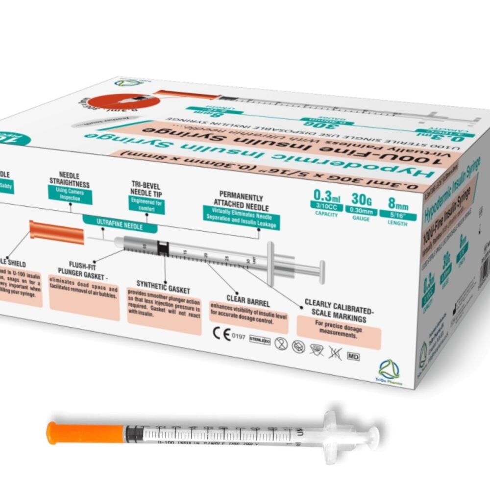 TriOn Pharma 100U Insulin Syringe 0.3ml 30G x 8mm (Box of 100)