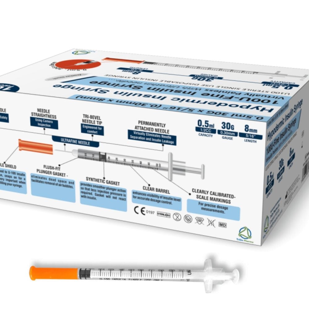 TriOn Pharma 100U Insulin Syringe 0.5ml 30G x 8mm (Box of 100)