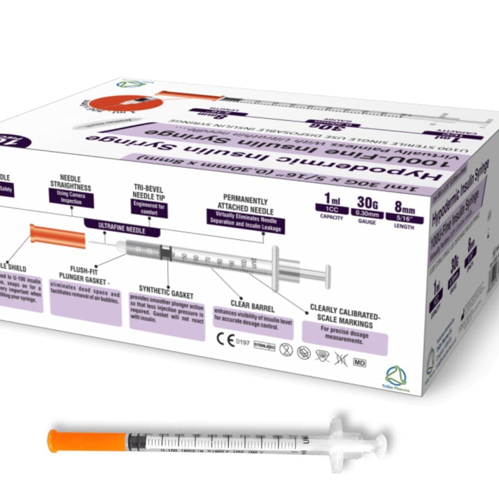 TriOn Pharma 100U Insulin Syringe 1ml 30G x 8mm (Box of 100)