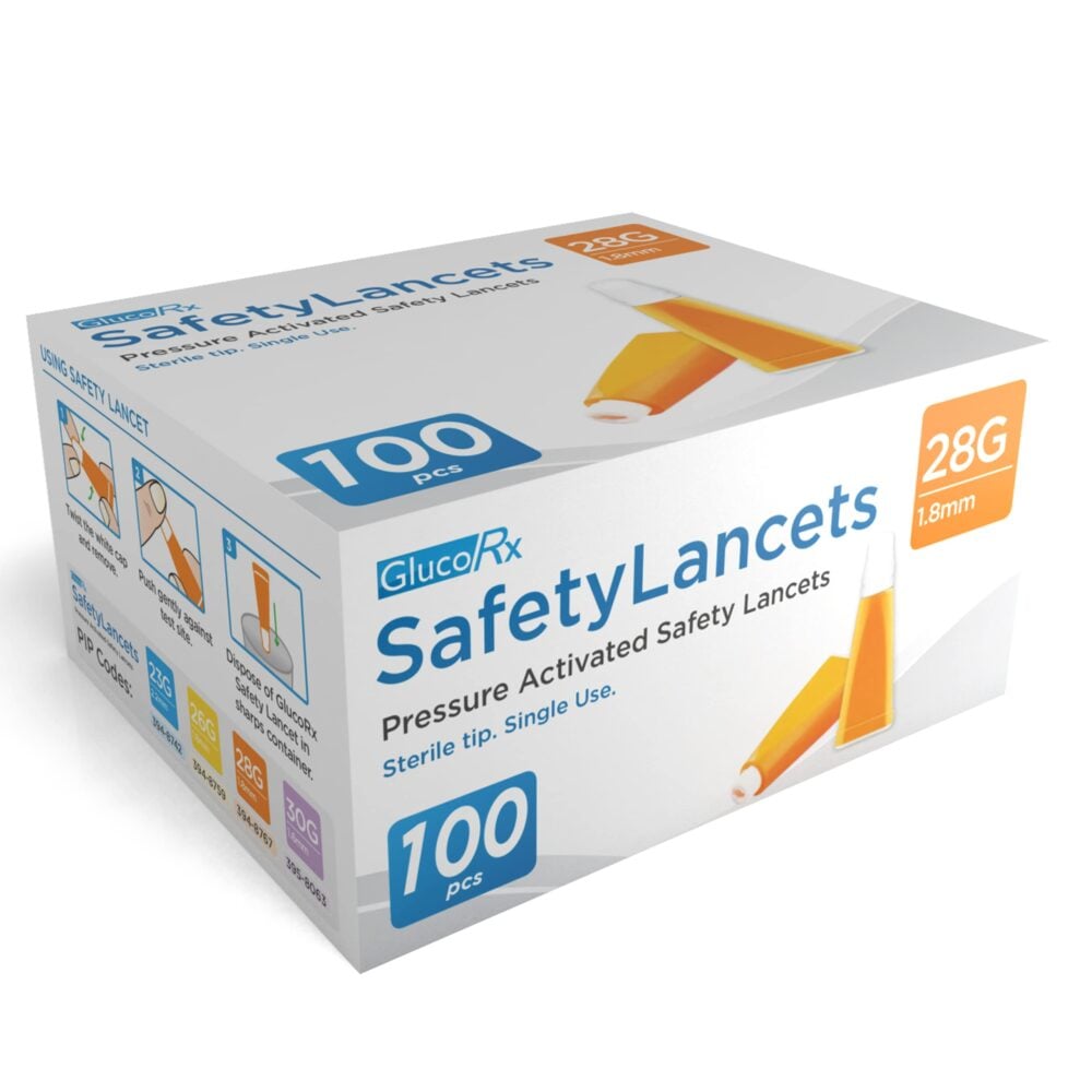 GlucoRx Safety Lancets 28G x 1.8mm (Pack of 100)