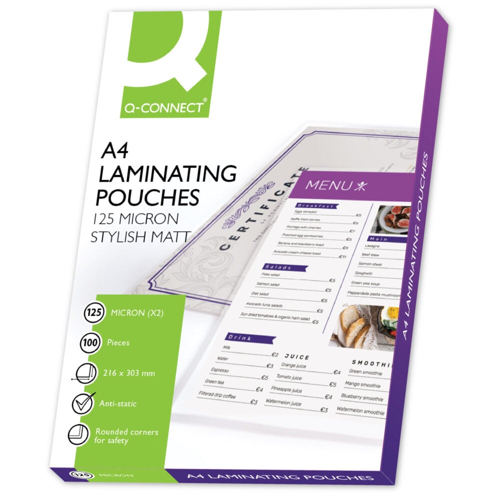 Q-Connect Matt A4 Laminating Pouches 250 Micron (Pack of 100)