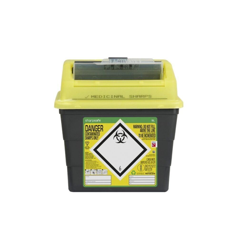 Sharpsafe 9L Sharps Bin with Yellow Protected Access Lid