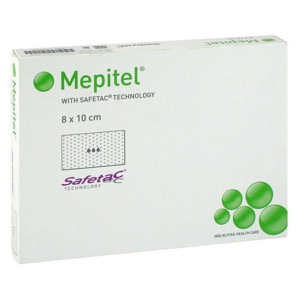 Molnlycke Mepitel wound contact layer 8cm x 10cm box of 5, front of pack